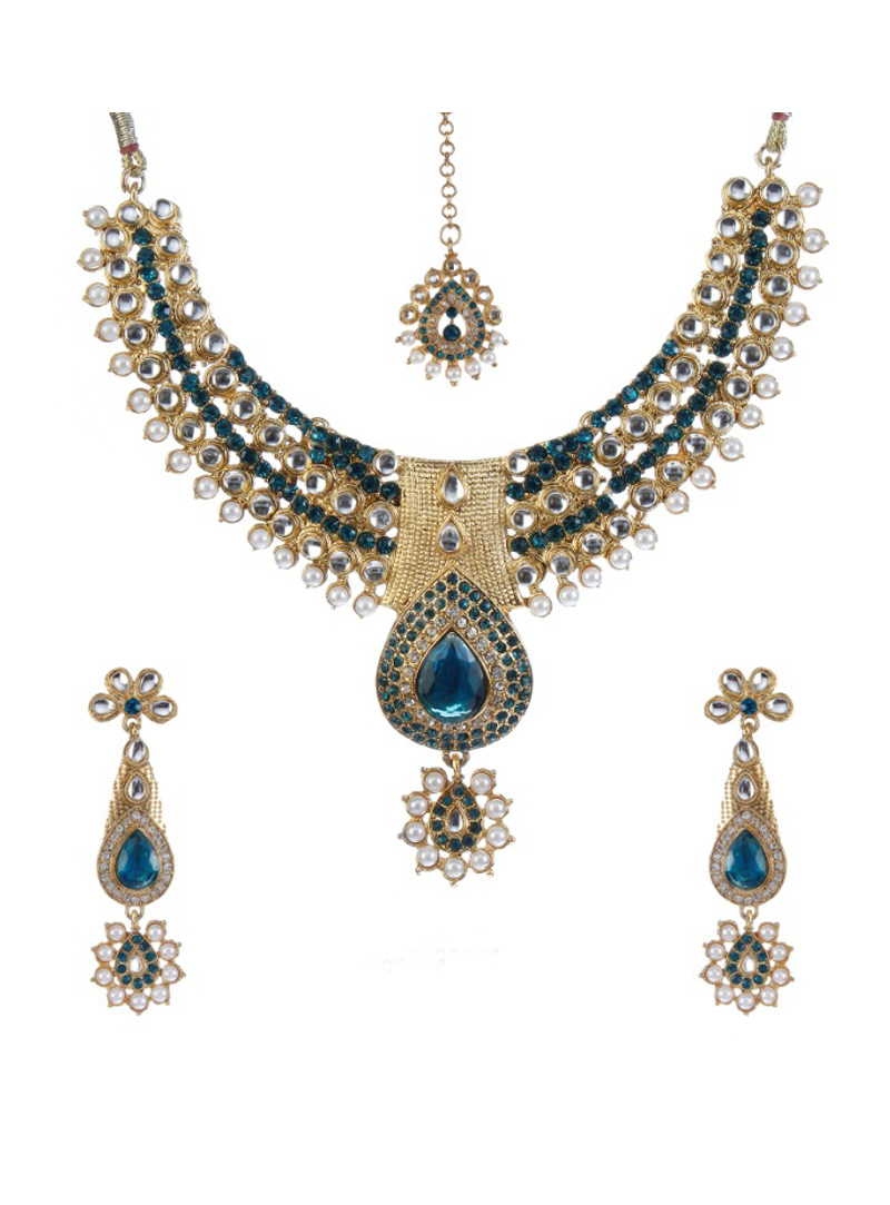 Teal Alloy Necklace With Earrings and Maang Tikka 92781