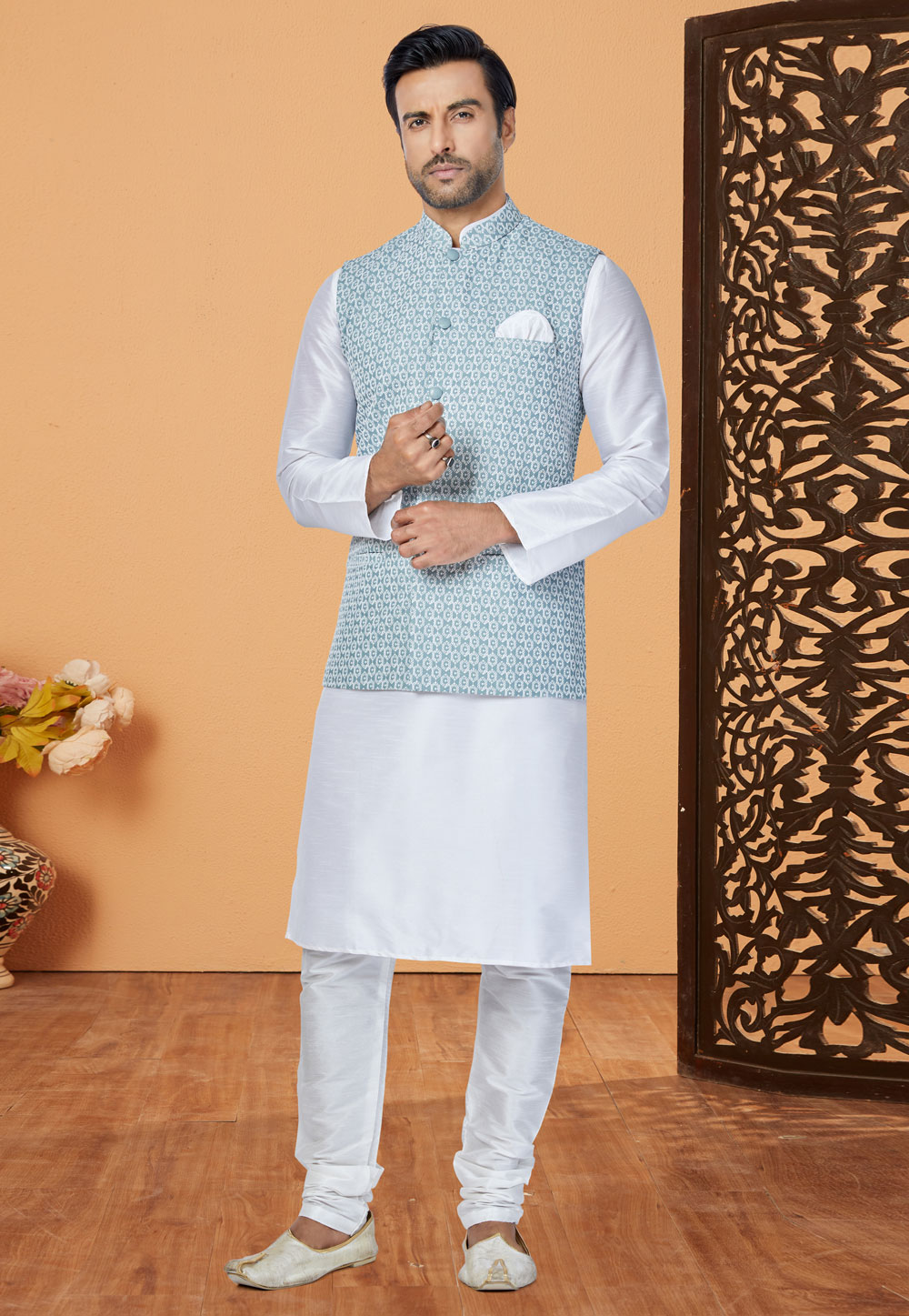 White Banarasi Kurta Pajama With Jacket 265278