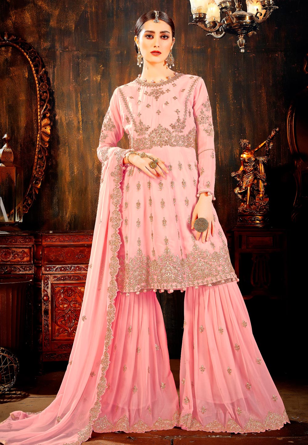 Pink Faux Georgette Embroidered Sharara Suit 170342