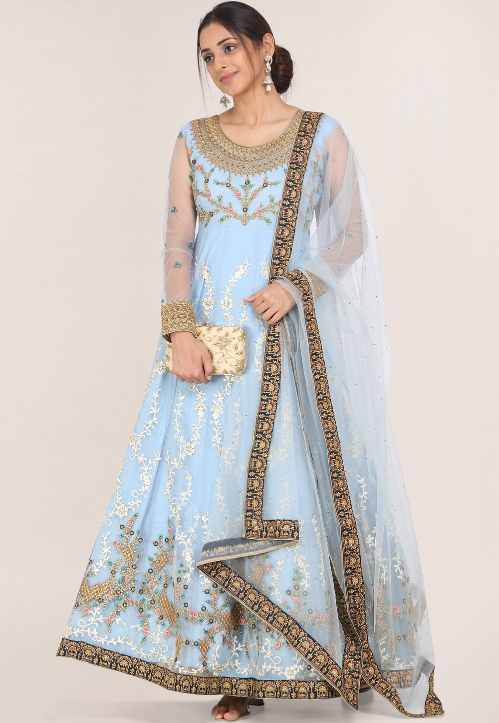Sky Blue Net Embroidered Readymade Ankle Length Anarkali Suit 209276