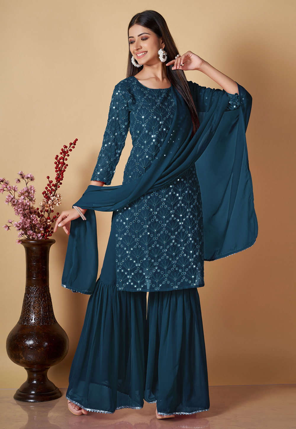 Navy blue Embroidered Islamic Sharara Suit in Faux georgette - SS0874