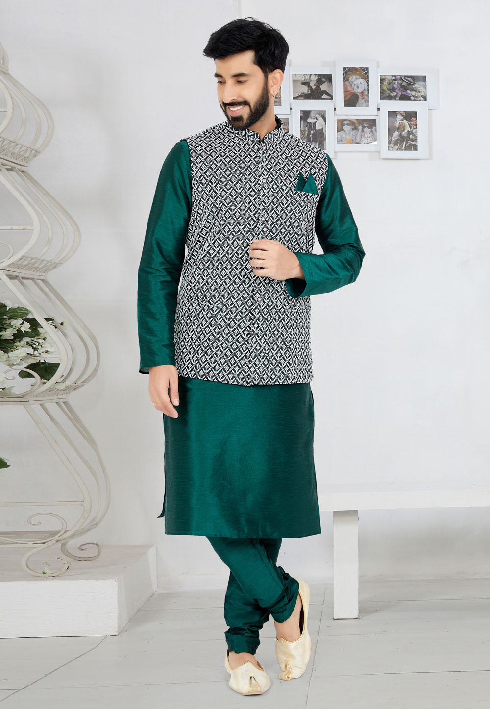 Green Banarasi Kurta Pajama With Jacket 265280