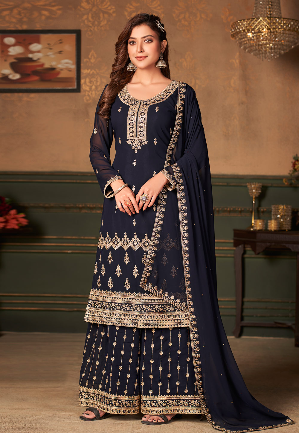 Navy Blue Faux Georgette Kameez With Palazzo 242352