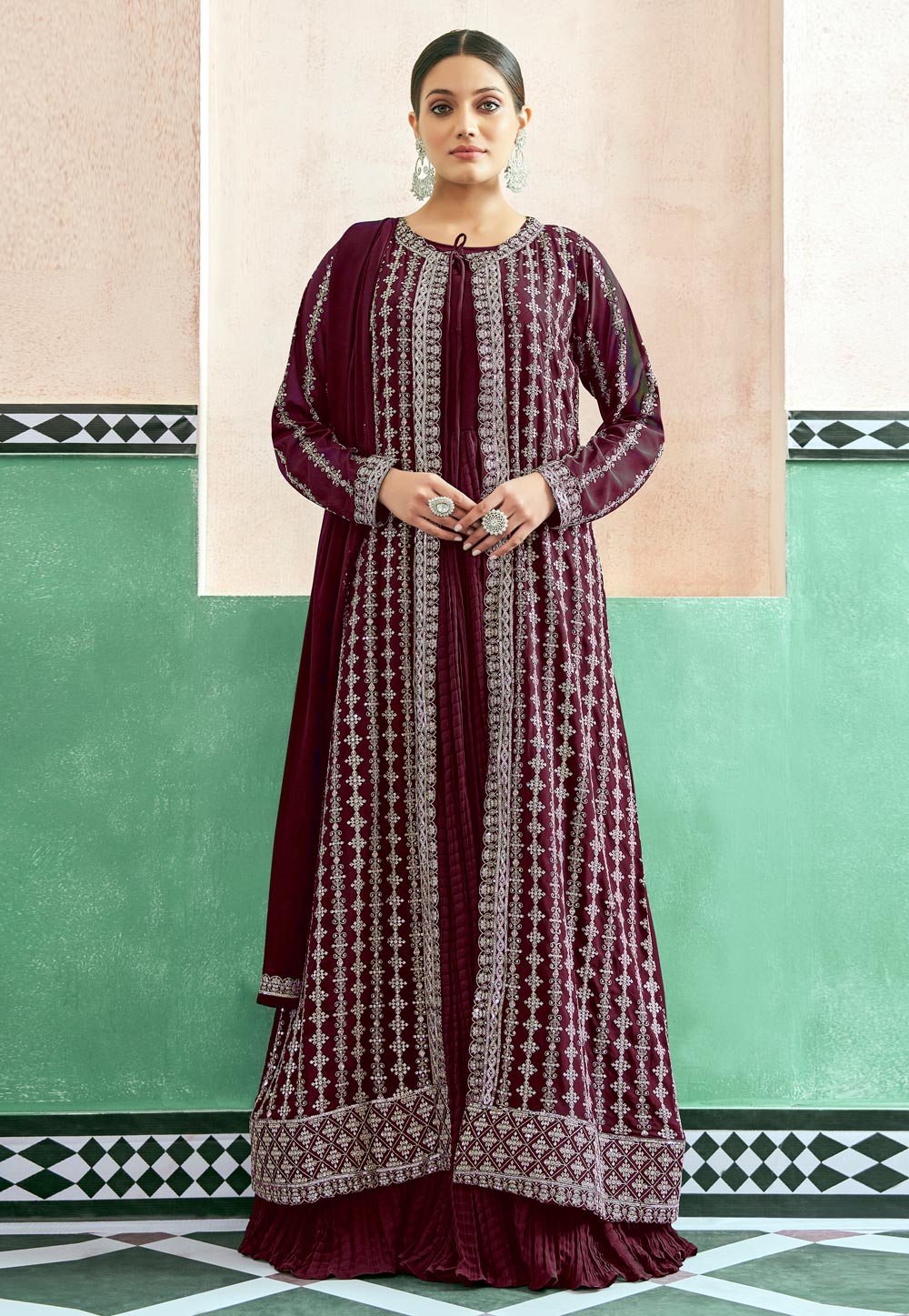 Wine Georgette Anarkali Suit With Jacket 271349