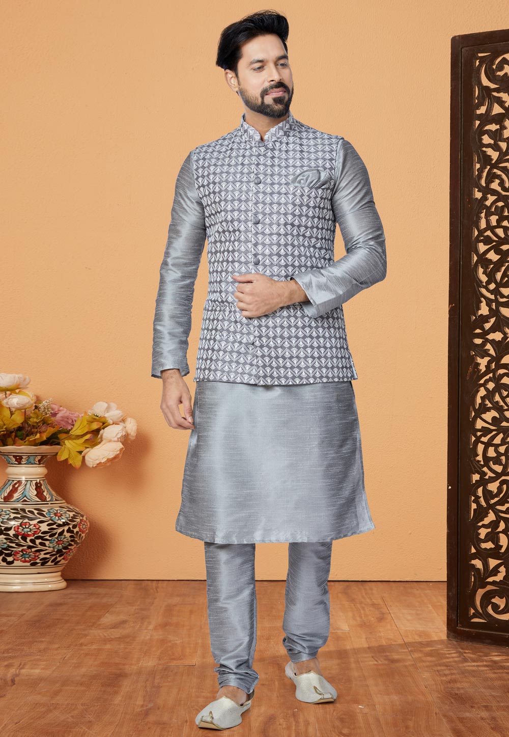 Grey Banarasi Kurta Pajama With Jacket 265281