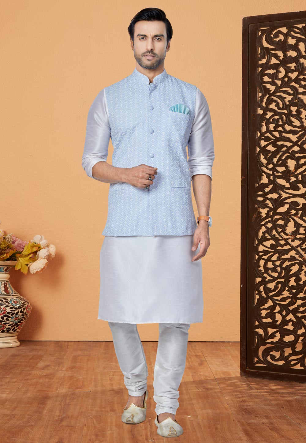 White Banarasi Kurta Pajama With Jacket 265282