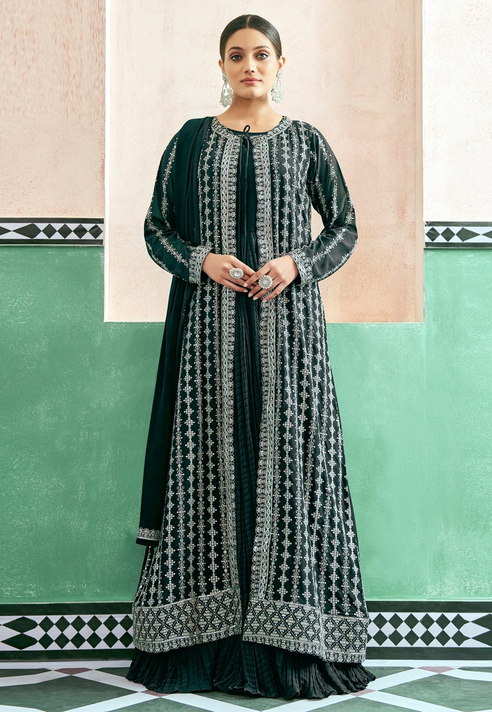 Green Georgette Jacket Style Suit 271351