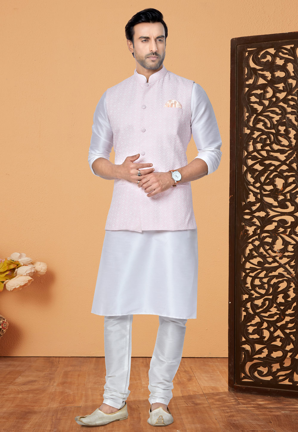 White Banarasi Kurta Pajama With Jacket 265283