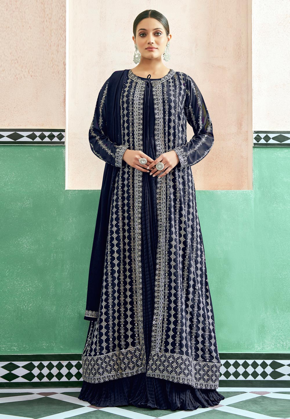Navy Blue Georgette Jacket Suit 271352