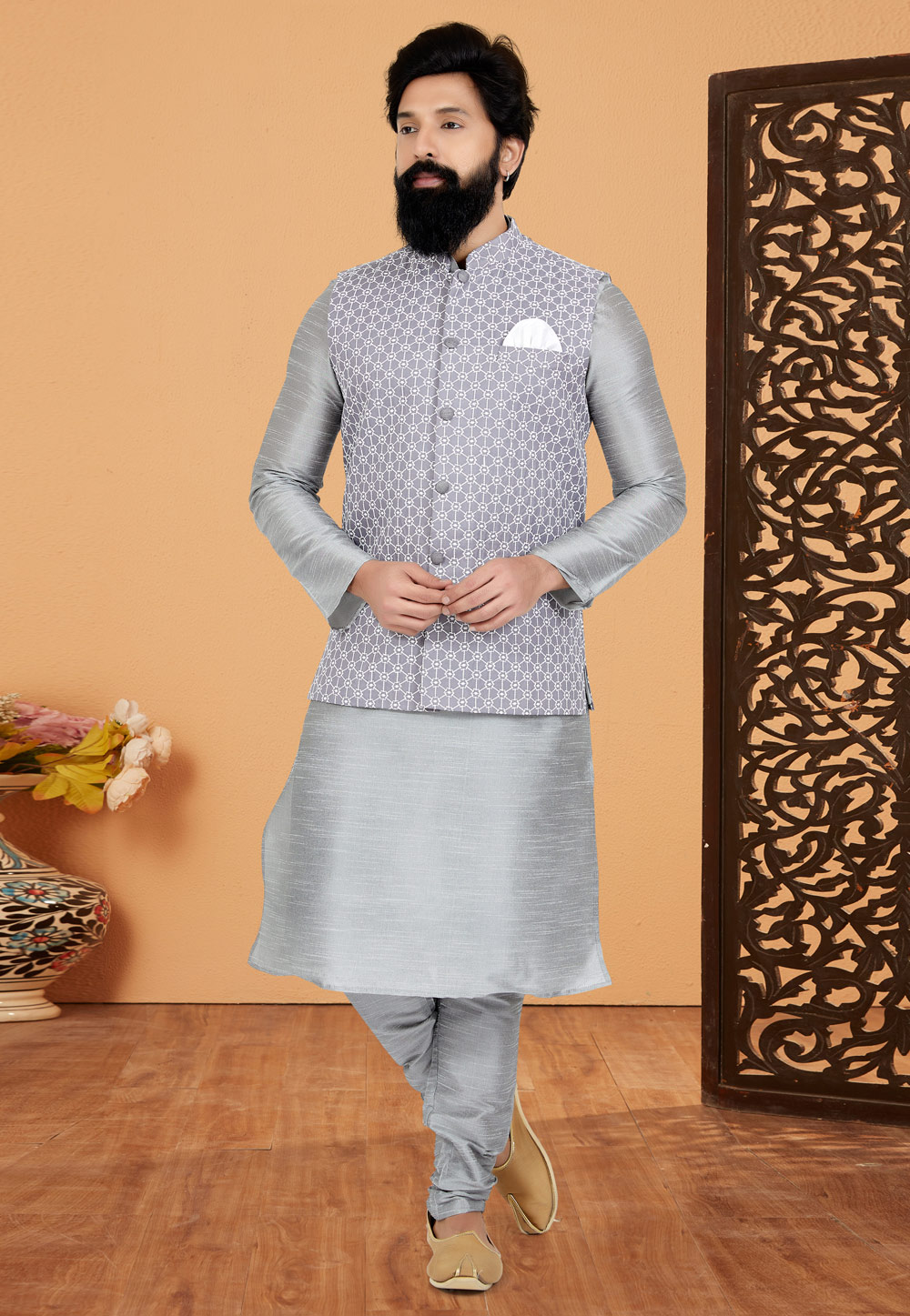 Grey Banarasi Kurta Pajama With Jacket 265284