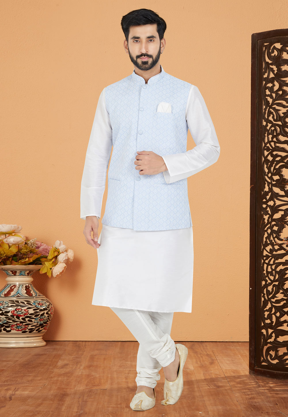 White Banarasi Kurta Pajama With Jacket 265285