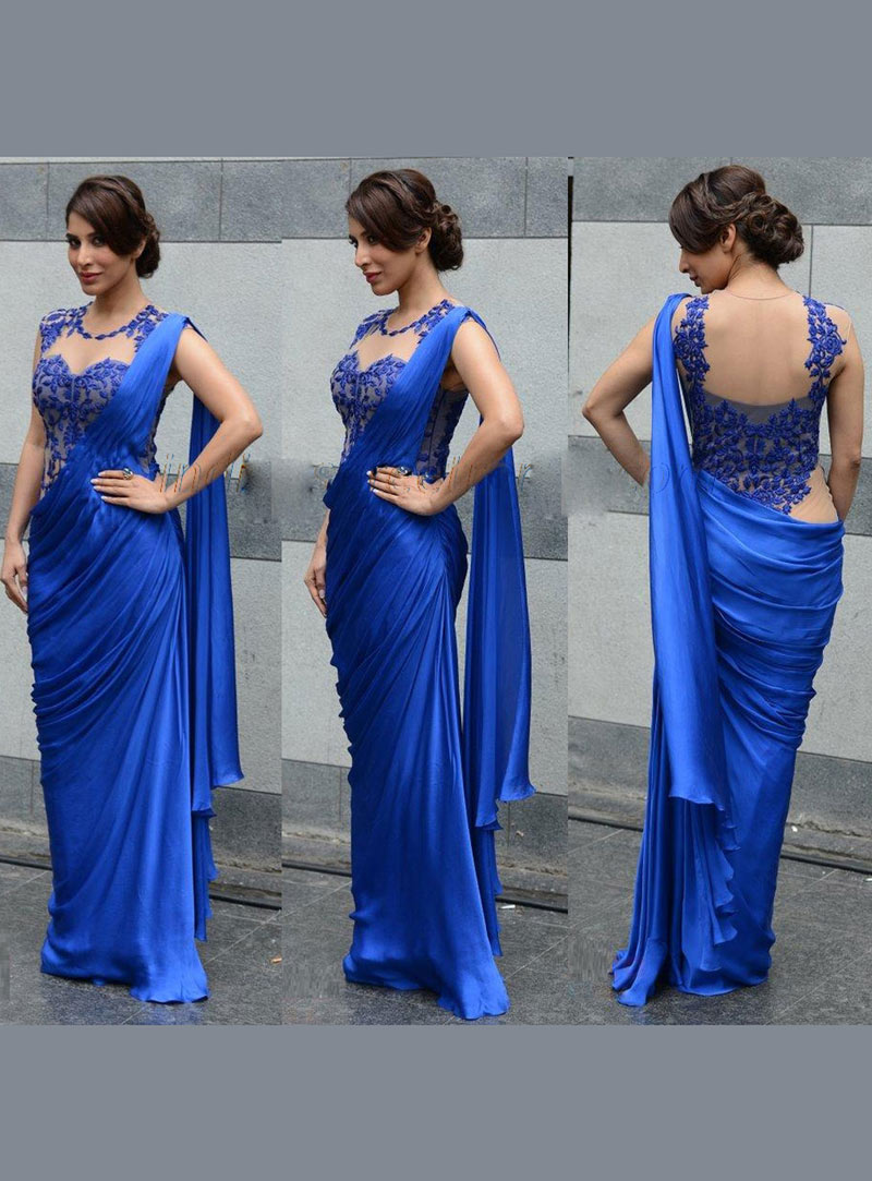 Sophie Choudry Blue Chiffon Bollywood Party Wear Saree 36751