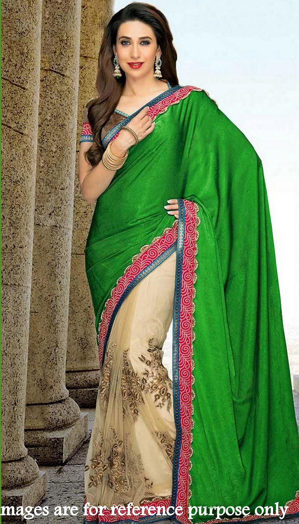Karisma Kapoor Green and Brown Net jaal Work Half N Half Saree 36753