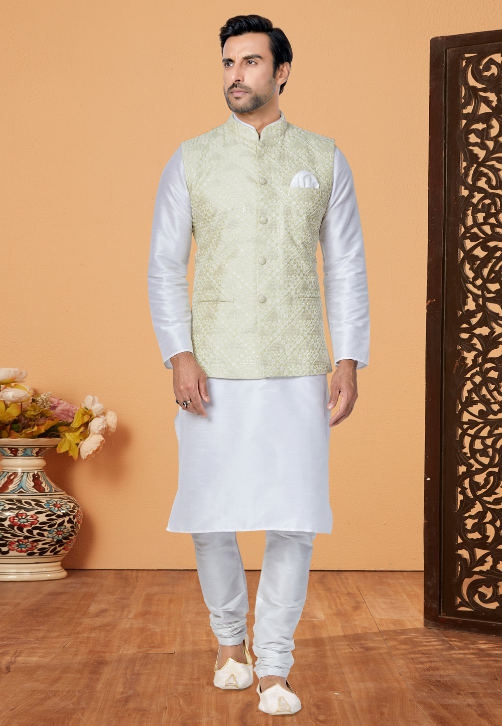 White Banarasi Kurta Pajama With Jacket 265288