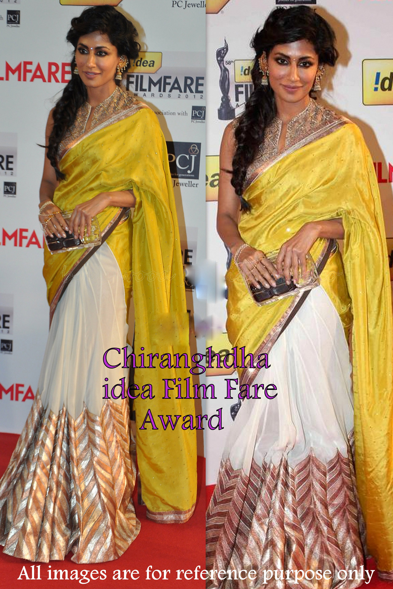 Chitrangada Singh Yellow and Off White Chiffon Bollywood Party Wear Saree 36754