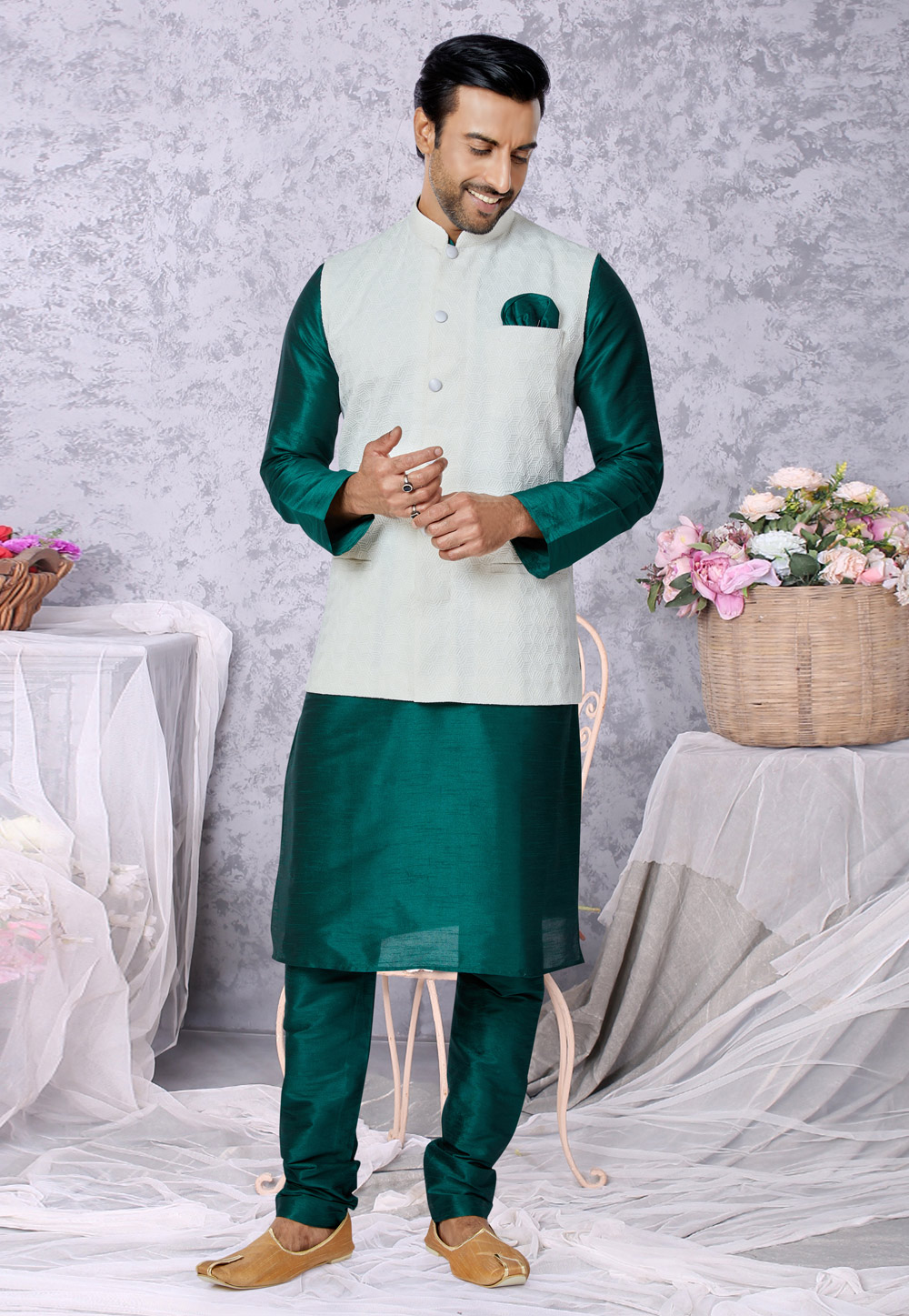 Green Banarasi Kurta Pajama With Jacket 265289