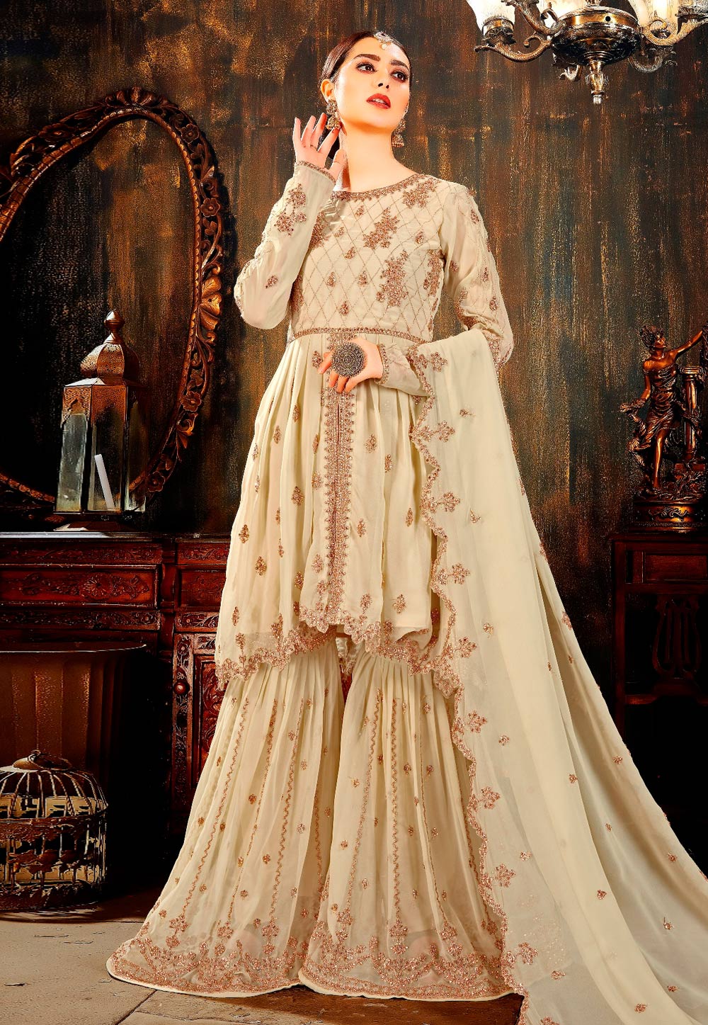 Beige Faux Georgette Embroidered Sharara Suit 170343