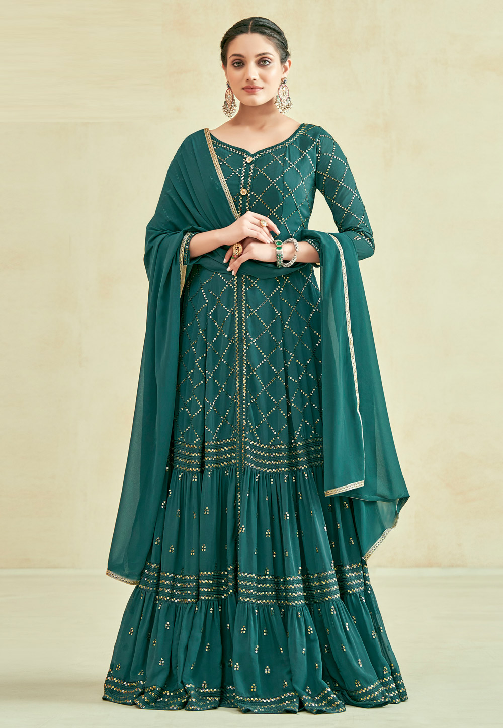 Green Georgette Long Anarkali Suit 275081