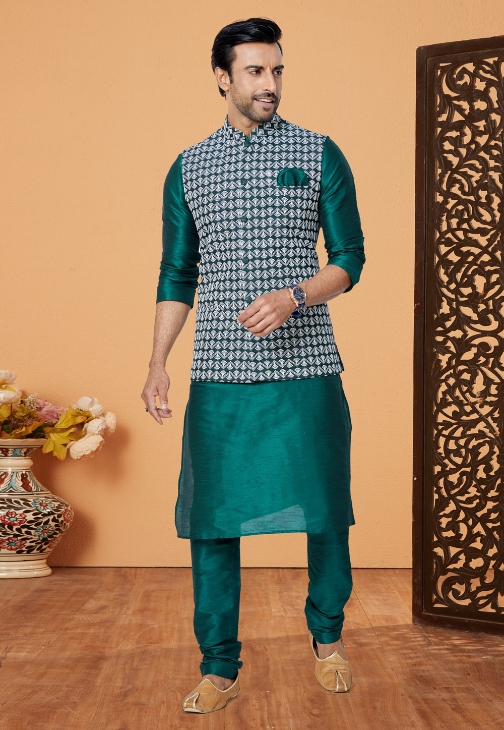 Green Banarasi Kurta Pajama With Jacket 265290