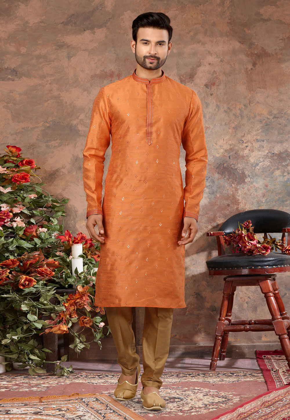 Orange Silk Kurta Pajama 250433
