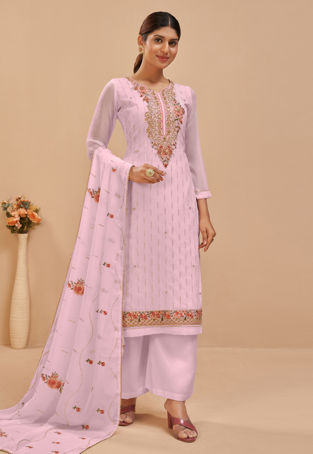 Pink Georgette Palazzo Suit 242704