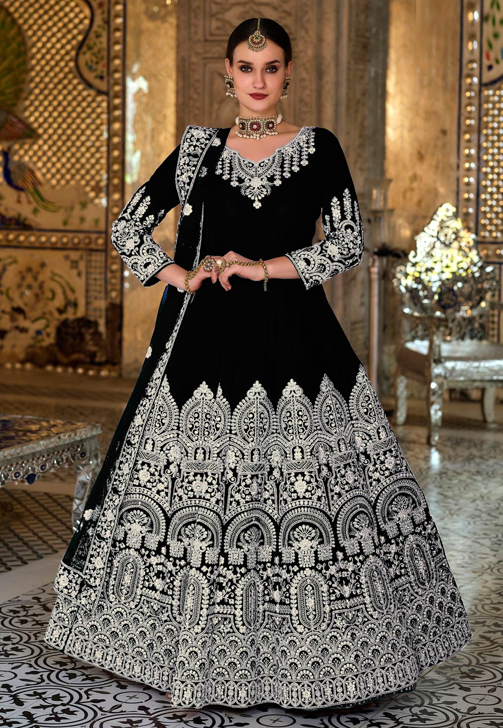 Black Velvet Abaya Style Anarkali Suit 258289