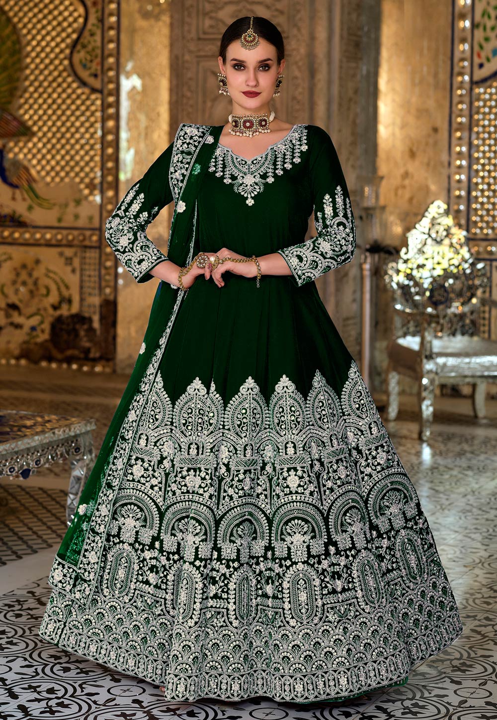 Green Velvet Abaya Style Anarkali Suit 258291