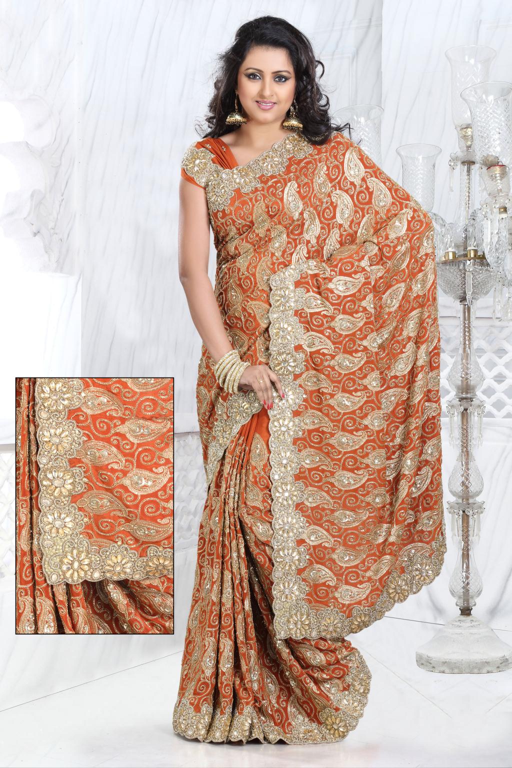 Orange Cut Work Crepe Silk Wedding Saree 24266