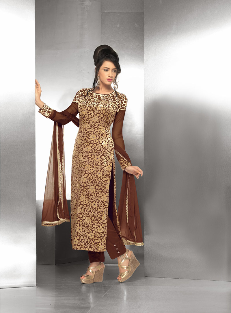 Brown Velvet Brasso Pakistani Style Suit 47870