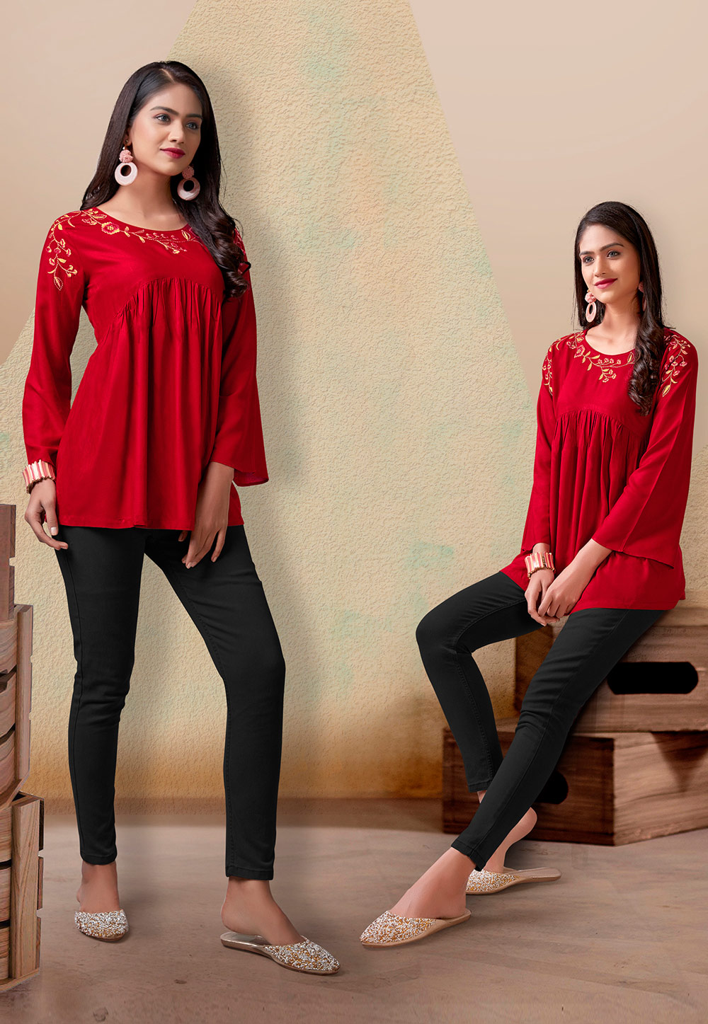 Red Rayon Readymade Western Tops 212426