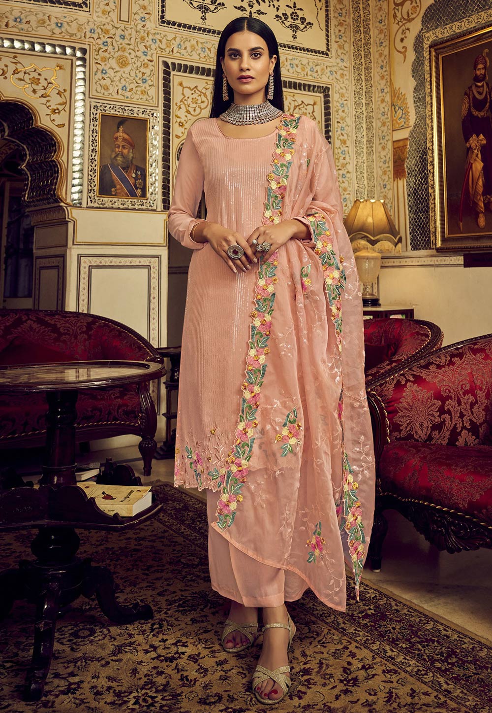 Peach Georgette Kameez With Palazzo 241767