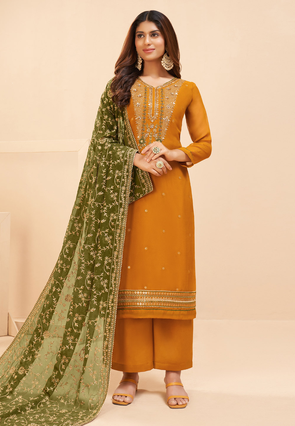 Mustard Georgette Kameez With Palazzo 244399