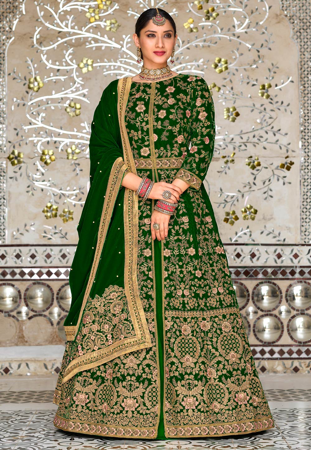 Green Velvet Abaya Style Anarkali Suit 258297