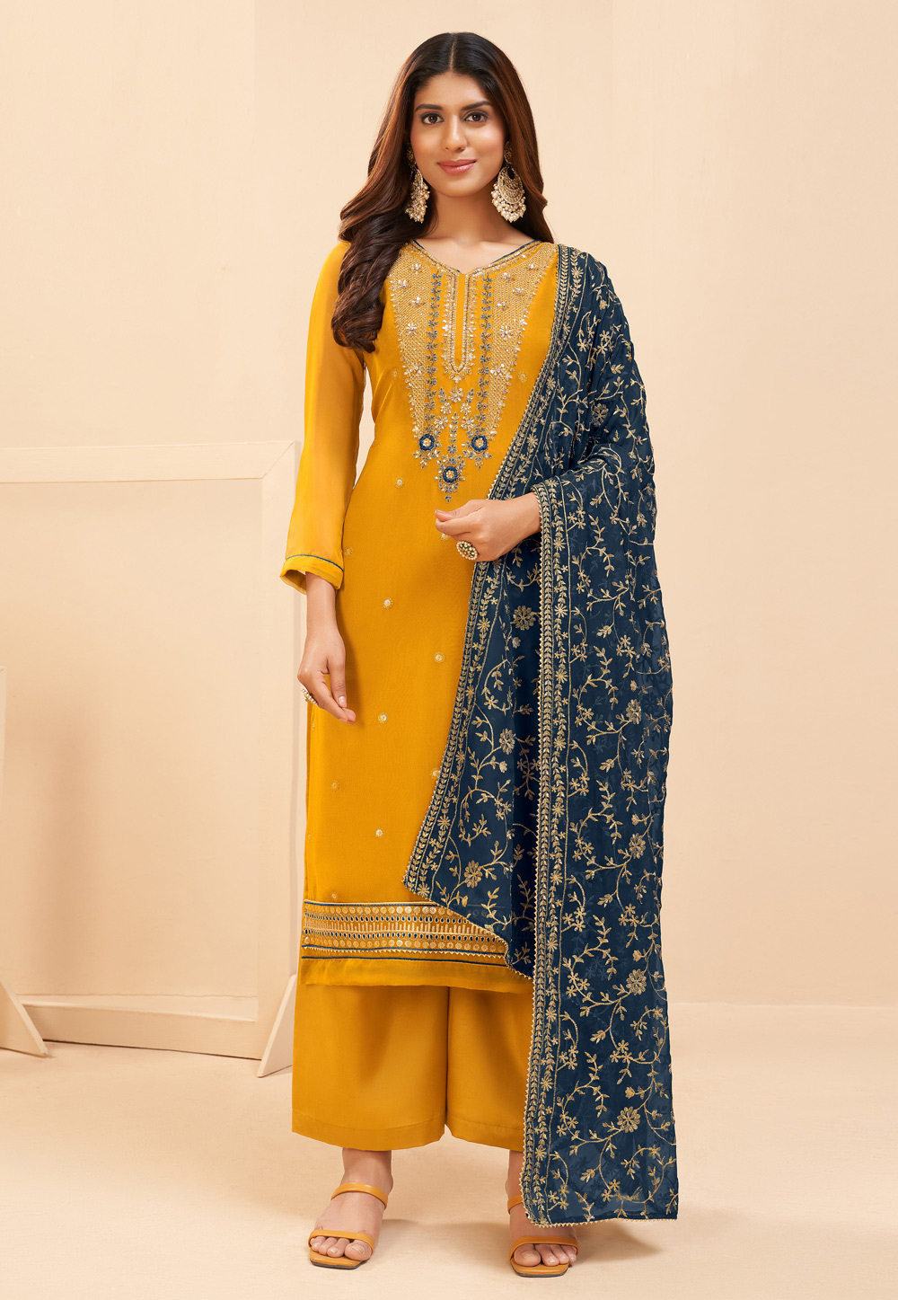 Mustard Georgette Palazzo Suit 244402