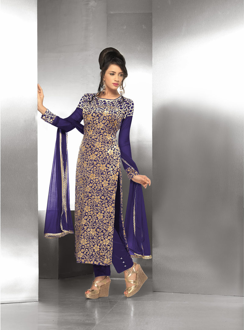 Blue Velvet Brasso Pakistani Style Suit 47872