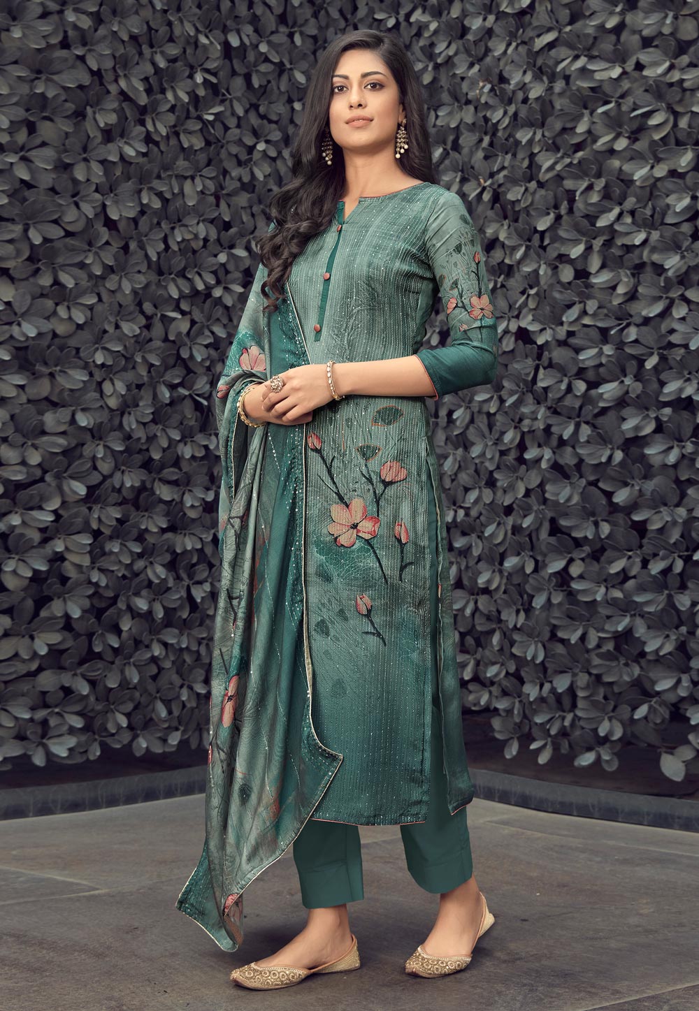 Olive Green Muslin Kameez With Pant 227354