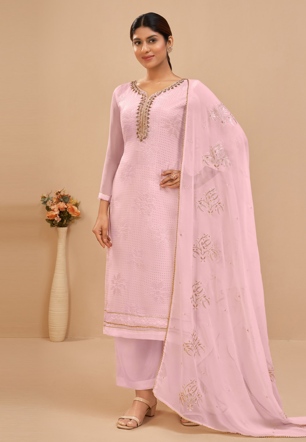 Pink Georgette Palazzo Suit 260333