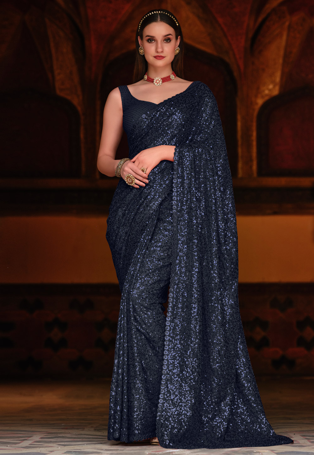 Navy Blue Georgette Saree With Blouse 243106