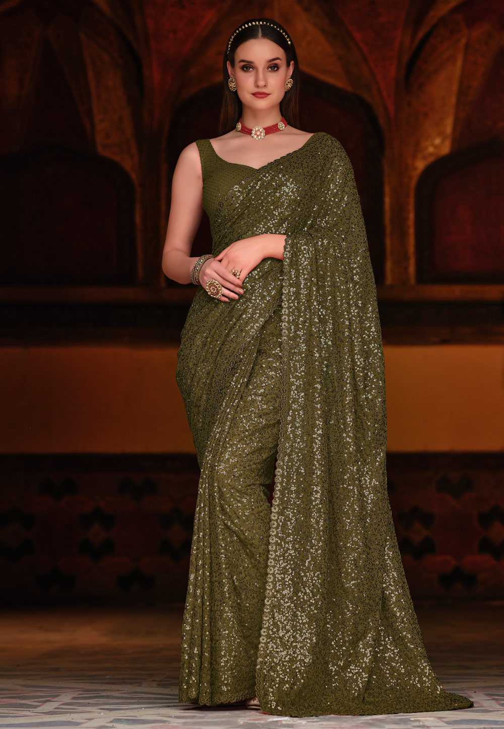 Mehndi Georgette Saree With Blouse 269955