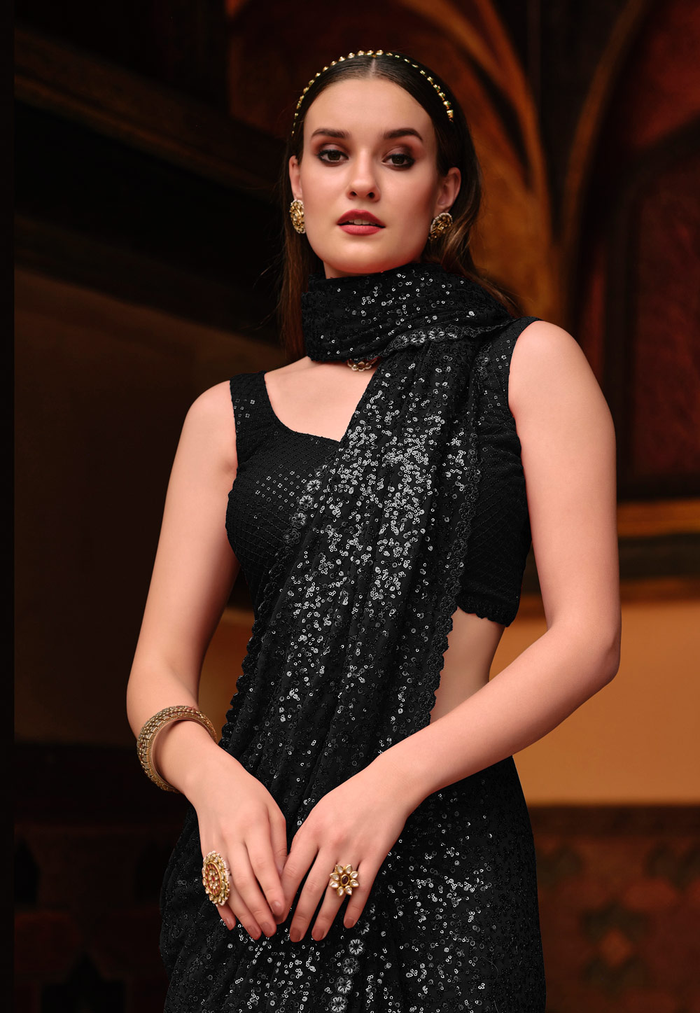 Black Cocktail Georgette Saree With Embroidered Blouse