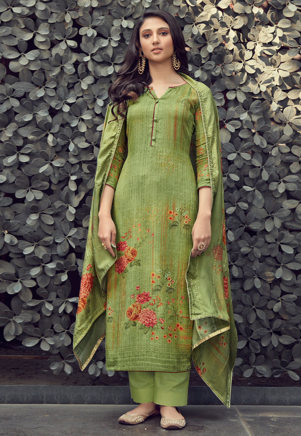 Green Muslin Pant Style Suit 227355