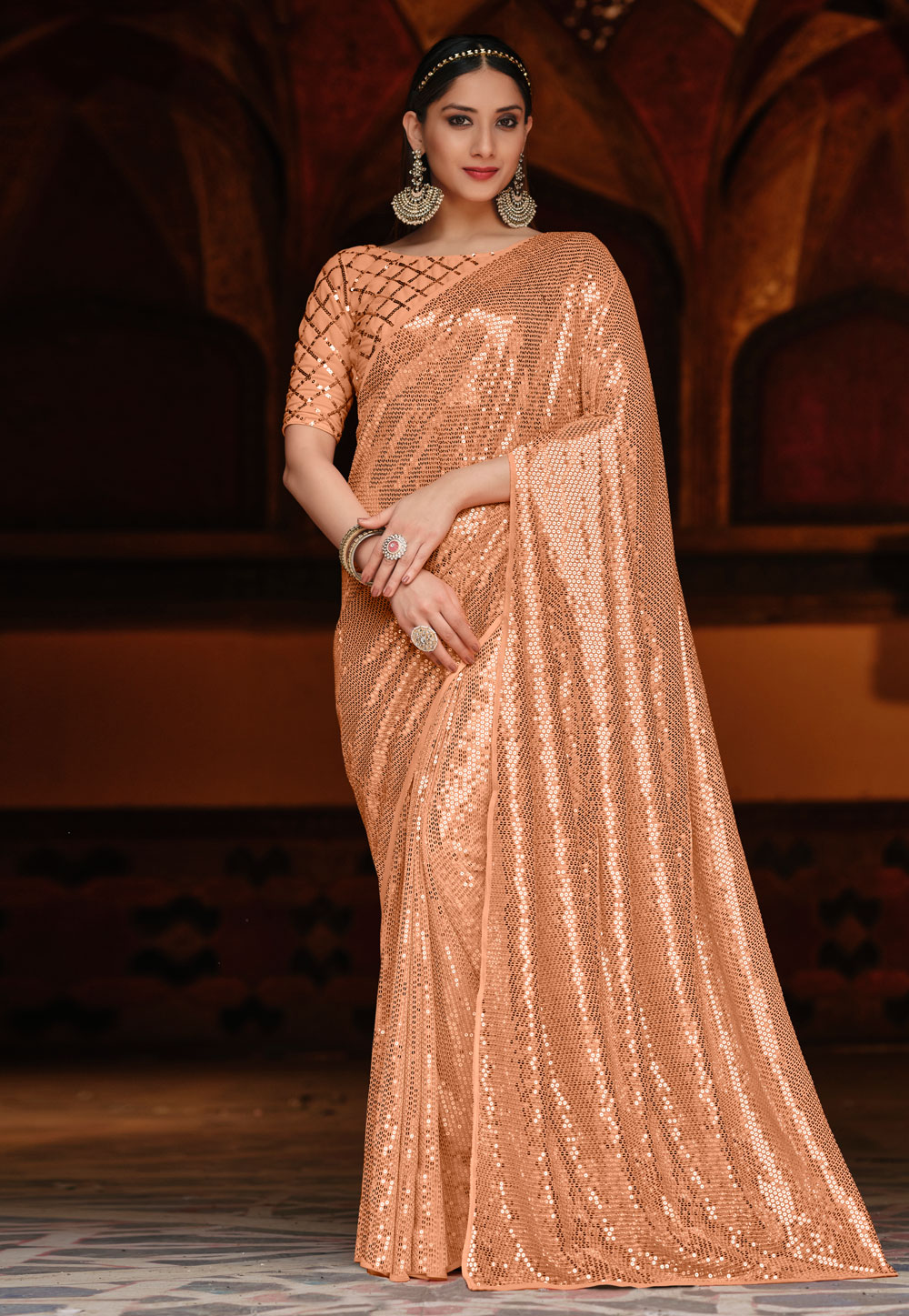 Peach Designer Sequence Saree With Blouse 243224