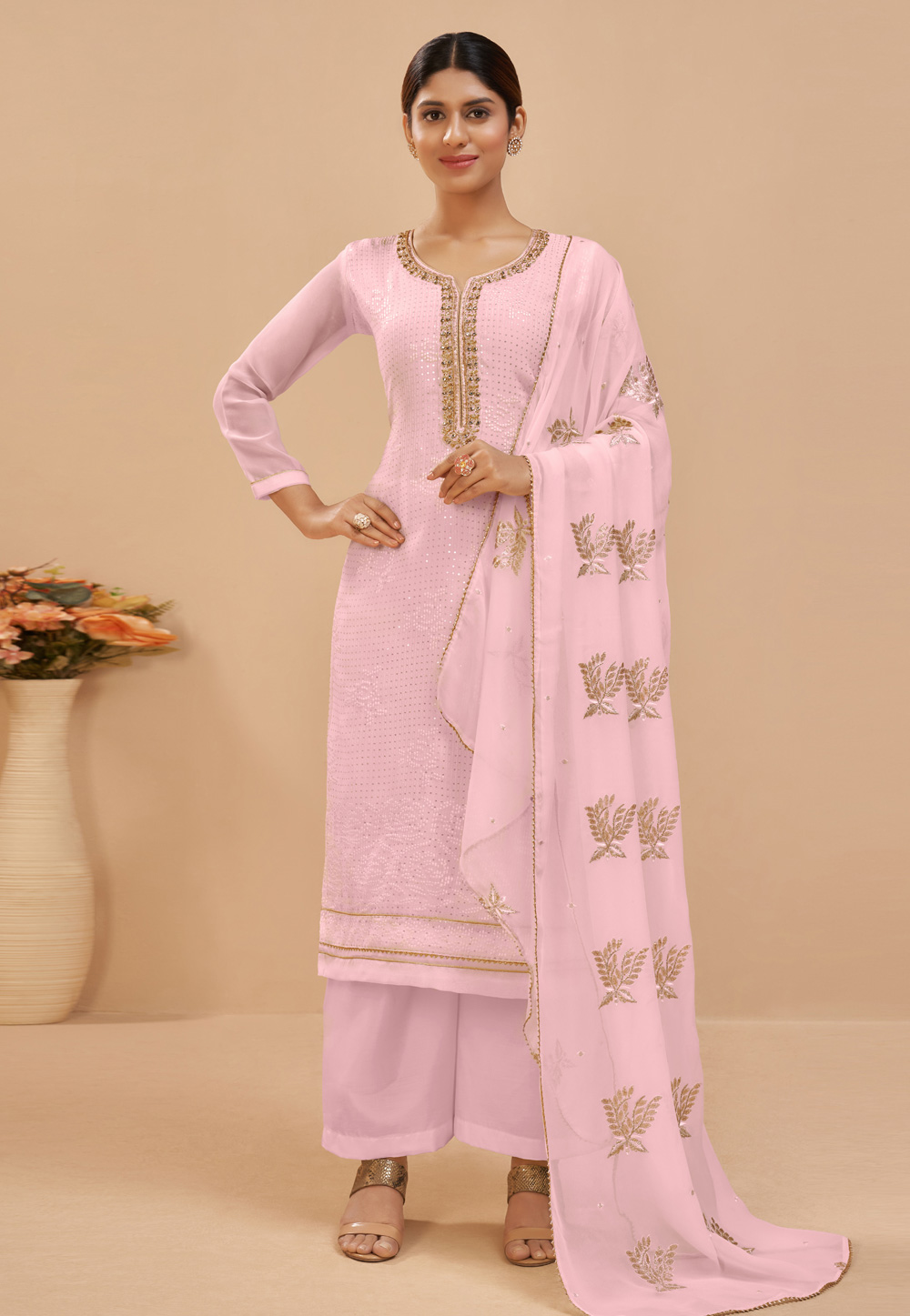 Pink Georgette Palazzo Suit 260337