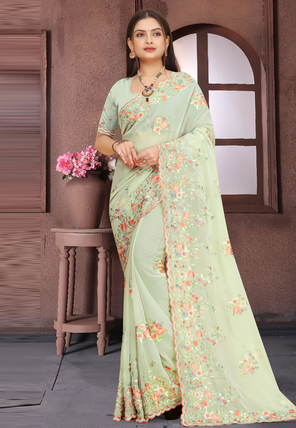 Pista Green Georgette Saree With Blouse 272296