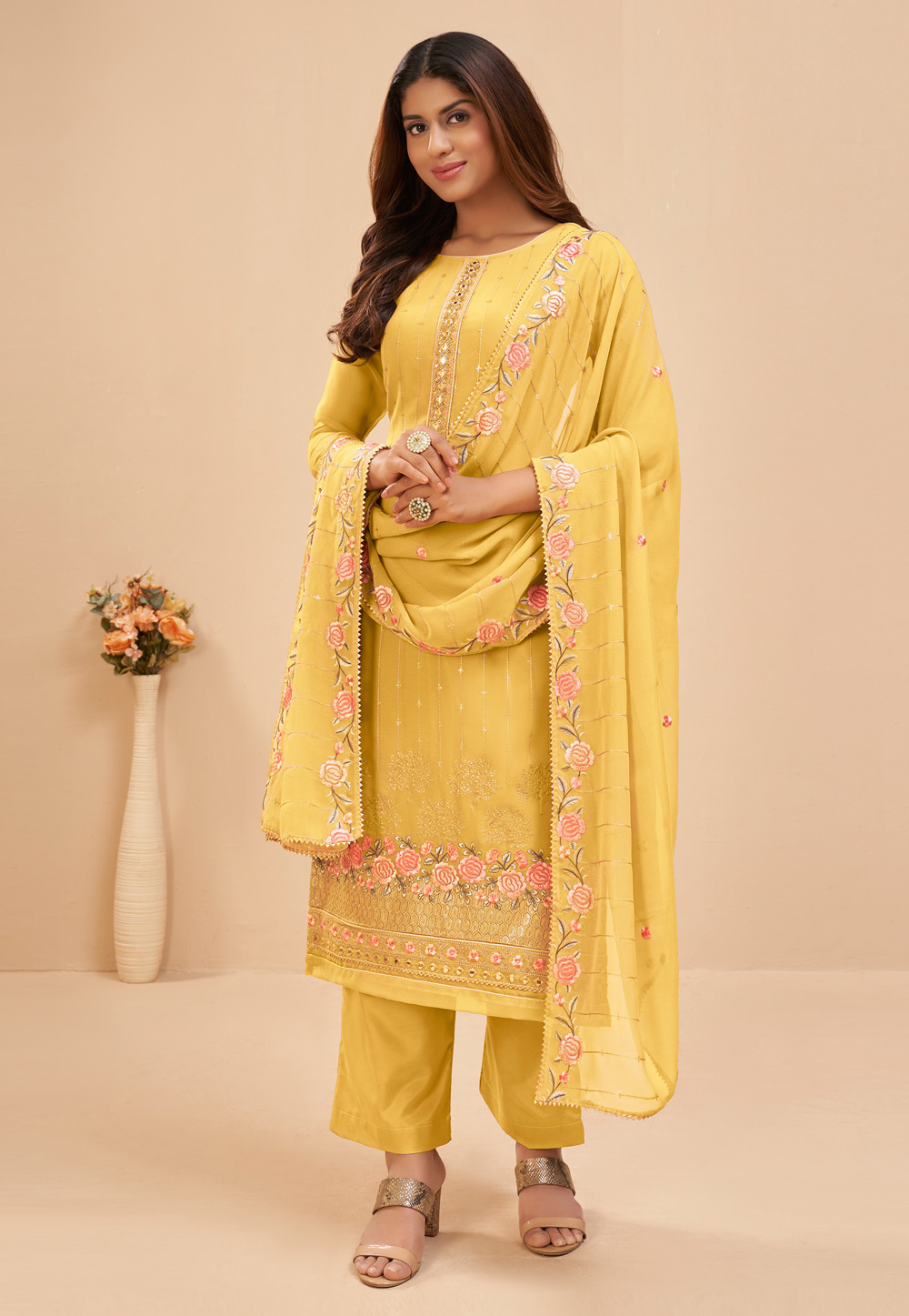 Yellow Georgette Palazzo Suit 250050