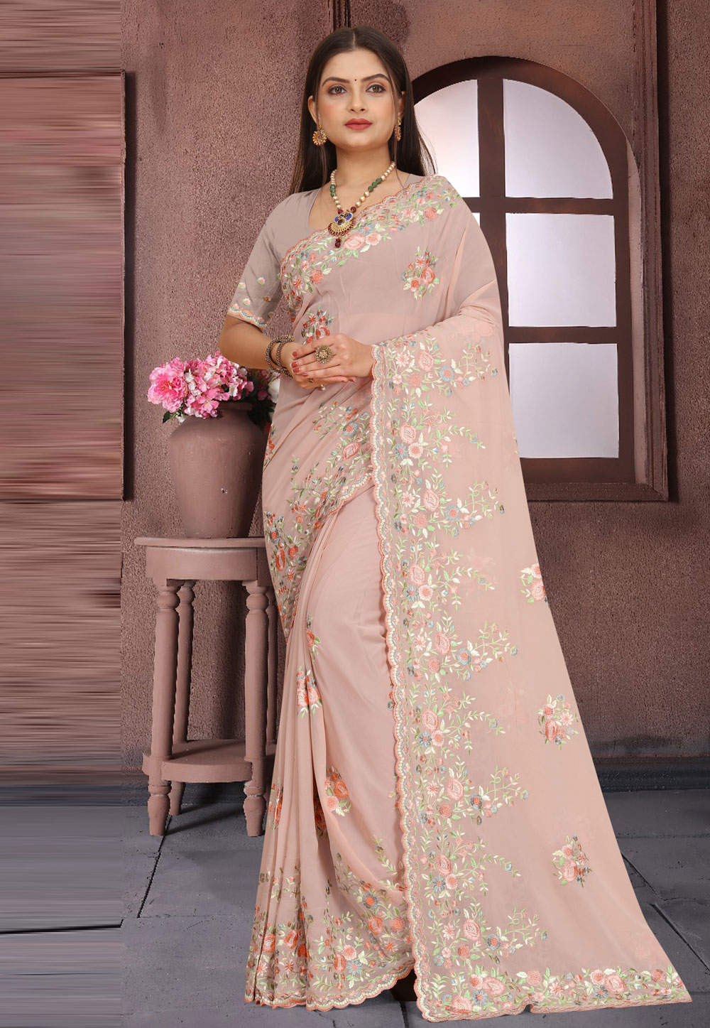 Shop Peach Georgette Saree With Floral Embroidery And Sequins at Soch India