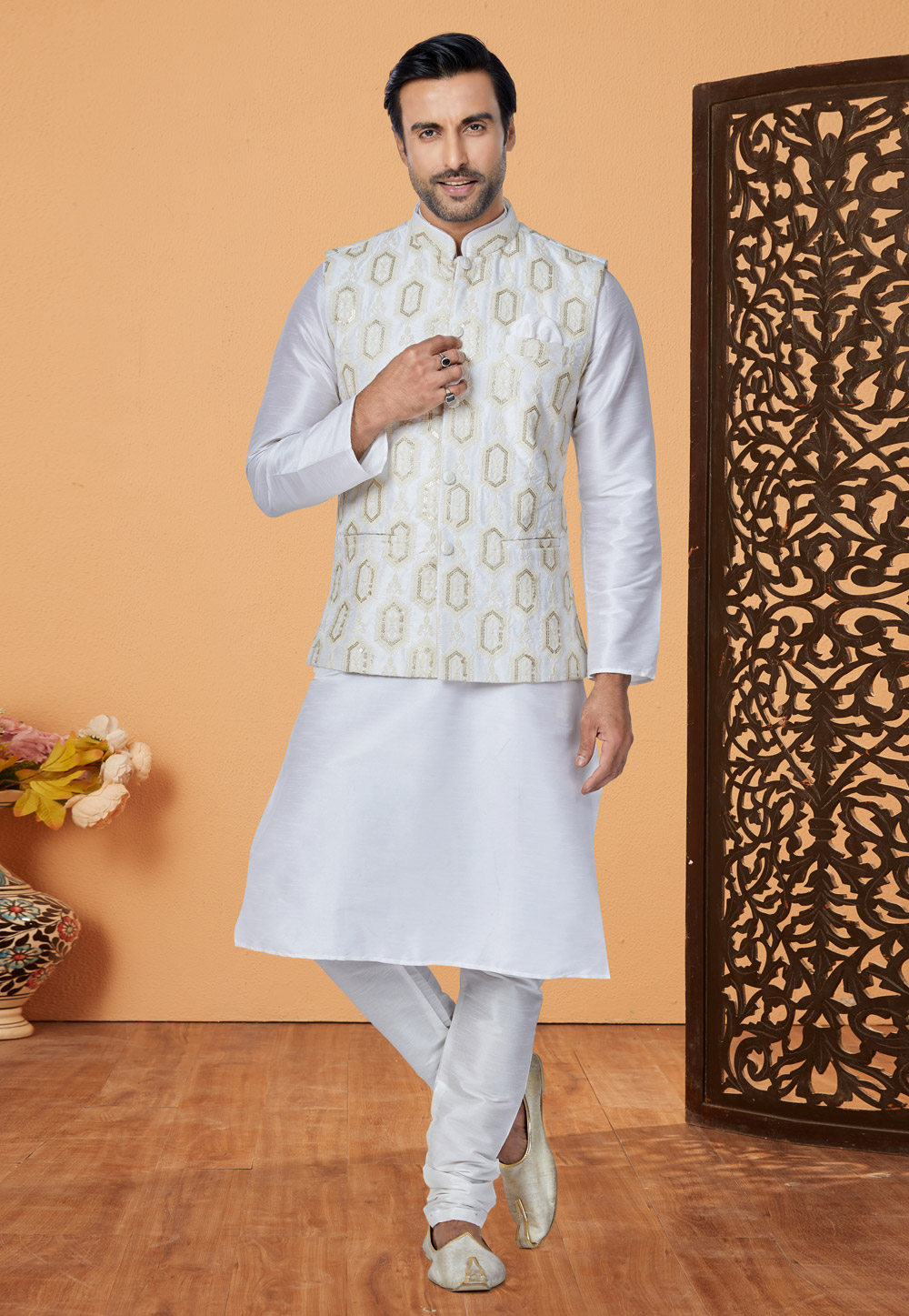 White Banarasi Kurta Pajama With Jacket 265296