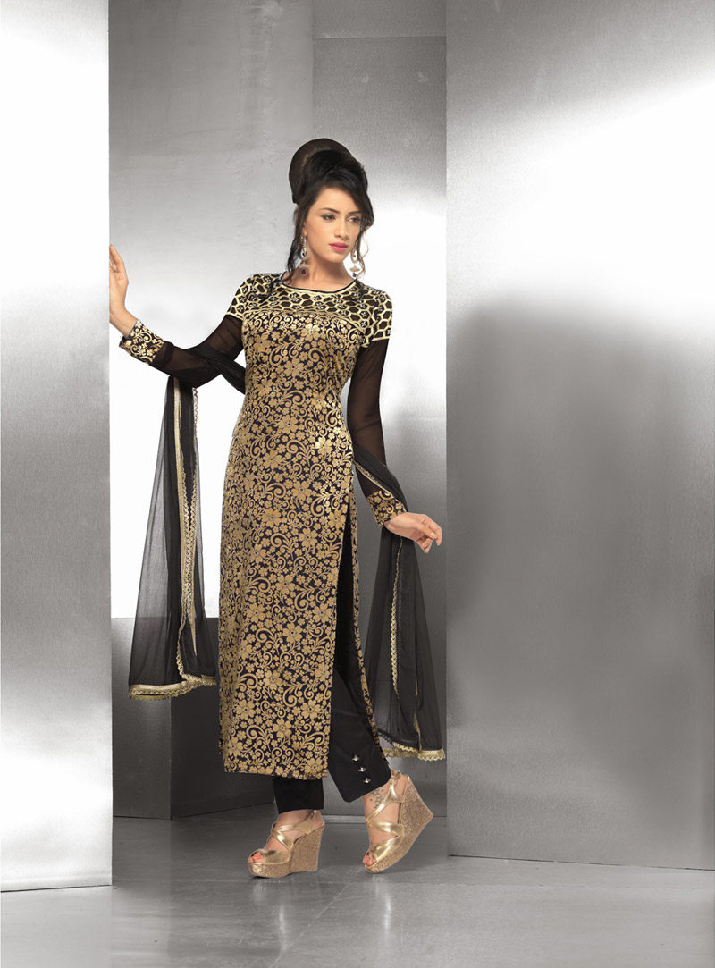 Black Velvet Brasso Pakistani Style Suit 47875