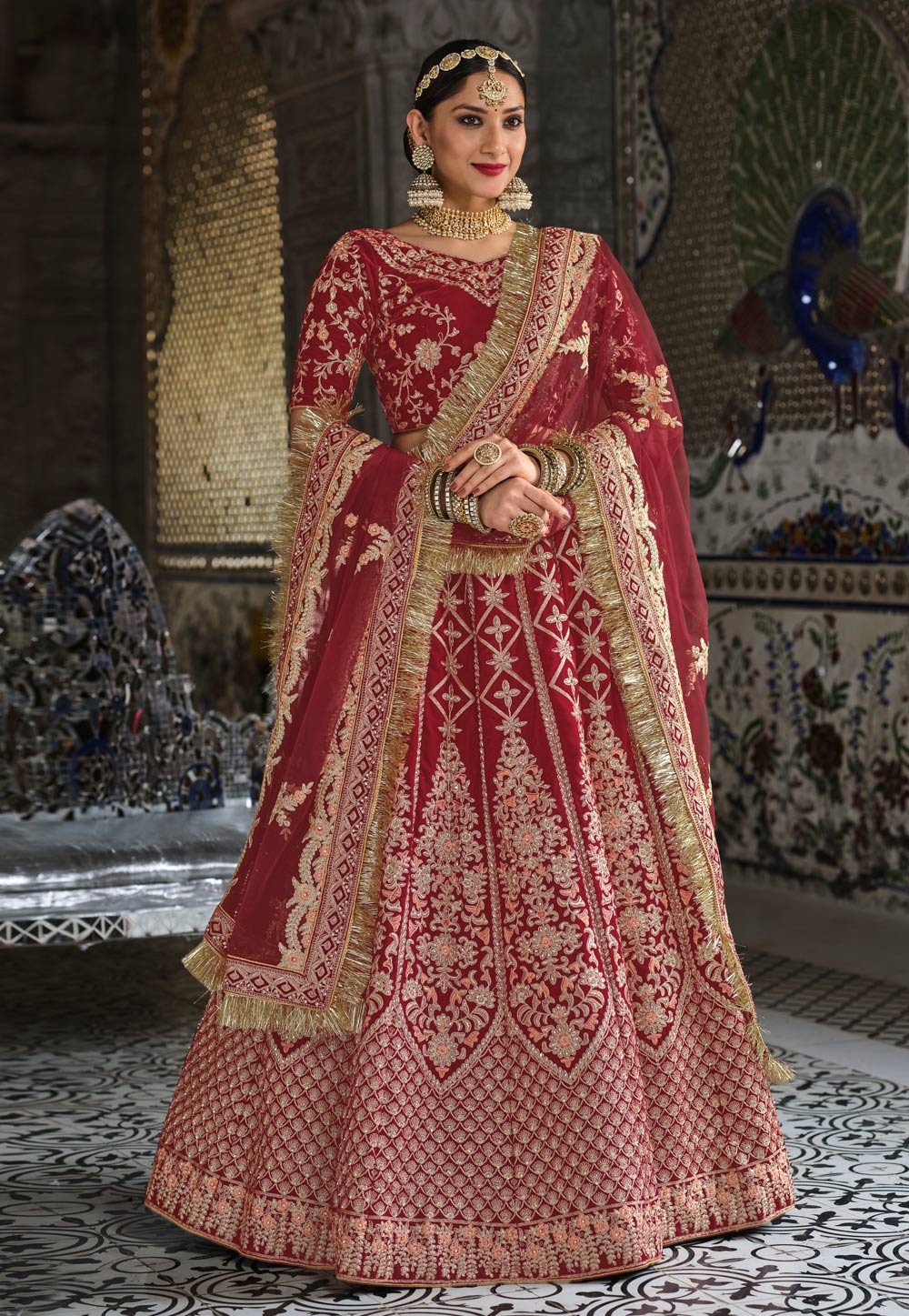 Maroon Velvet Embroidered Bridal Lehenga Choli 249637