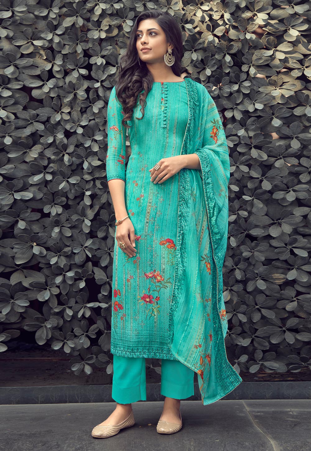 Turquoise Muslin Pant Style Suit 227357